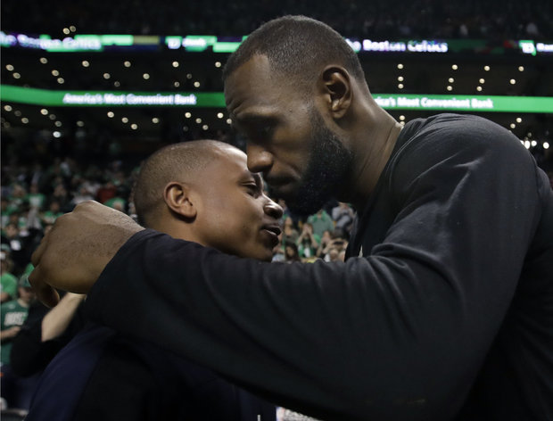 Boston Celtics guard Isaiah Thomas left and Cleveland Cavaliers forward Le Bron James speak after Game 5 of the NBA basketball Eastern Conference finals on Thursday