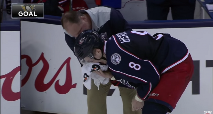 Matt Calvert breaks stick over Tom Kuhnhackl with cheap shot at end of Penguins' Game 2 win