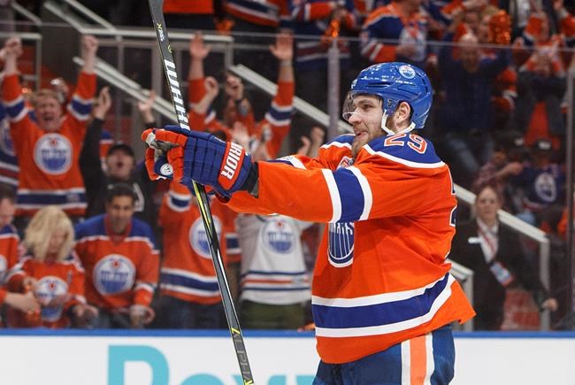 Edmonton Oilers&#39 Leon Draisaitl celebrates a goal agains the Anaheim Ducks during the second period in game six of a second-round NHL hockey Stanley Cup playoff series in Edmonton on Sunday