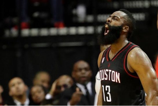 Houston Rockets James Harden yells after a Oklahoma City Thunder turnover during the second half in Game 1 of an NBA basketball first-round playoff series in Houston. Harden is one tough player to guard. Crowd