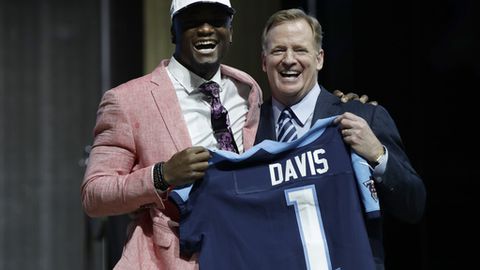 Western Michigan's Corey Davis left poses with NFL commissioner Roger Goodell after being selected by the Tennessee Titans during the first round of the 2017 NFL football draft Thursday