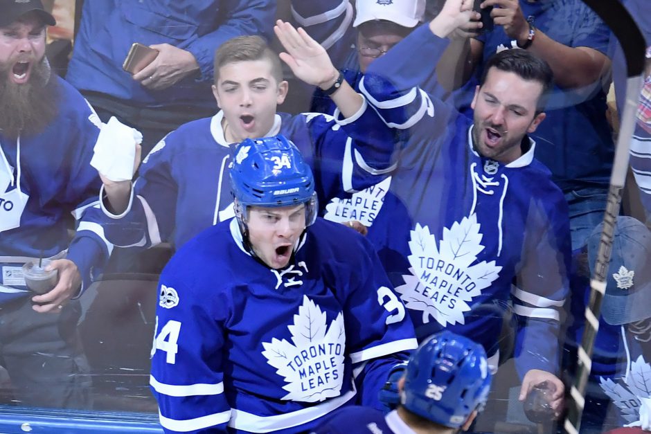 Toronto Maple Leafs centre Auston Matthews celebrates after scoring against the Washington Capitals on April 23