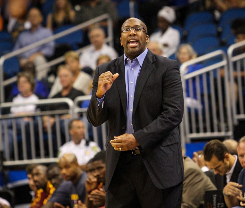 Oct. 11 2013- Orlando FL USA- Cleveland Cavaliers coach Mike Brown reacts during first-quarter action of a preseason game against the Orlando Magic at Amway Center in Orlando Florida Friday