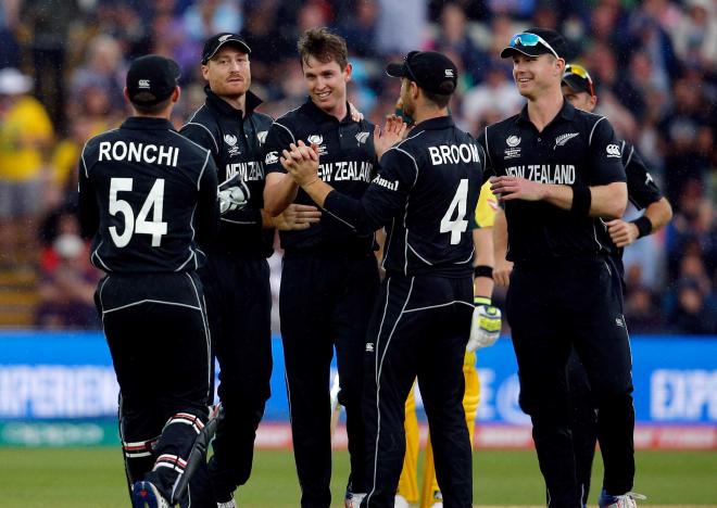 New Zealand's Adam Milne celebrates after he caught and bowled Australia's Moises Henriques Action Images. Reuters