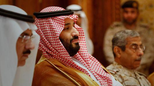 Saudi Arabia's Deputy Crown Prince and Defense Minister Mohammed bin Salman takes his seat to meet with U.S. Defense Secretary James Mattis and his delegation