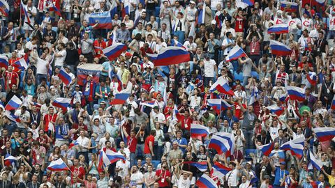 Russian fans cheer during the Confederations Cup Group A soccer match between Russia and New Zealand at the St. Petersburg Stadium Russia Saturday