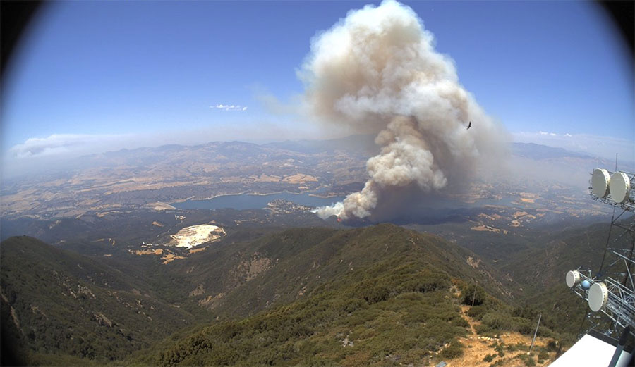 An aerial shot of the Whittier fire burning off Hwy 154 in SB County