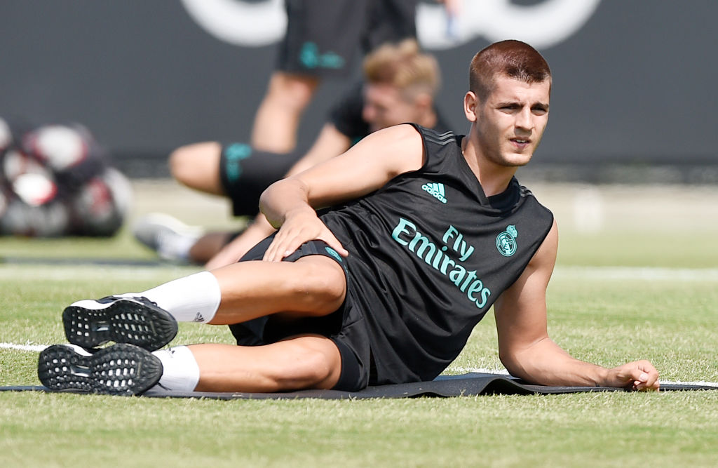 LOS ANGELES CA- JULY 12 Alvaro Morata #21 of the Real Madrid stretches during training for Tour 2017 on the campus of UCLA