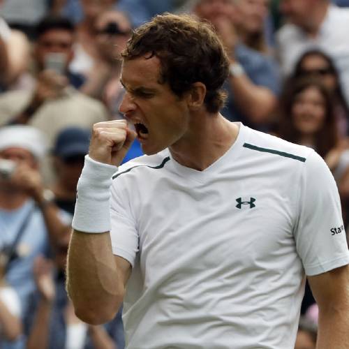 Murray celebrates after winning his Men's Singles Match against Kazakhstan's Alexander Bublik on the opening day at the Wimbledon Tennis Championships in London Monday