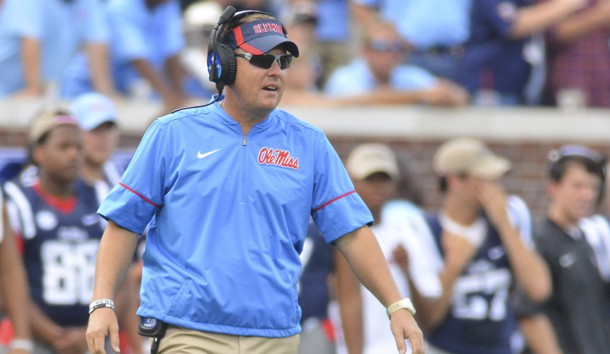 Sep 17 2016 Oxford MS USA Mississippi Rebels head coach Hugh Freeze walks onto the field to check on an injured player during the first quarter of the game against the Alabama Crimson Tide at Vaught Hemingway Stadium