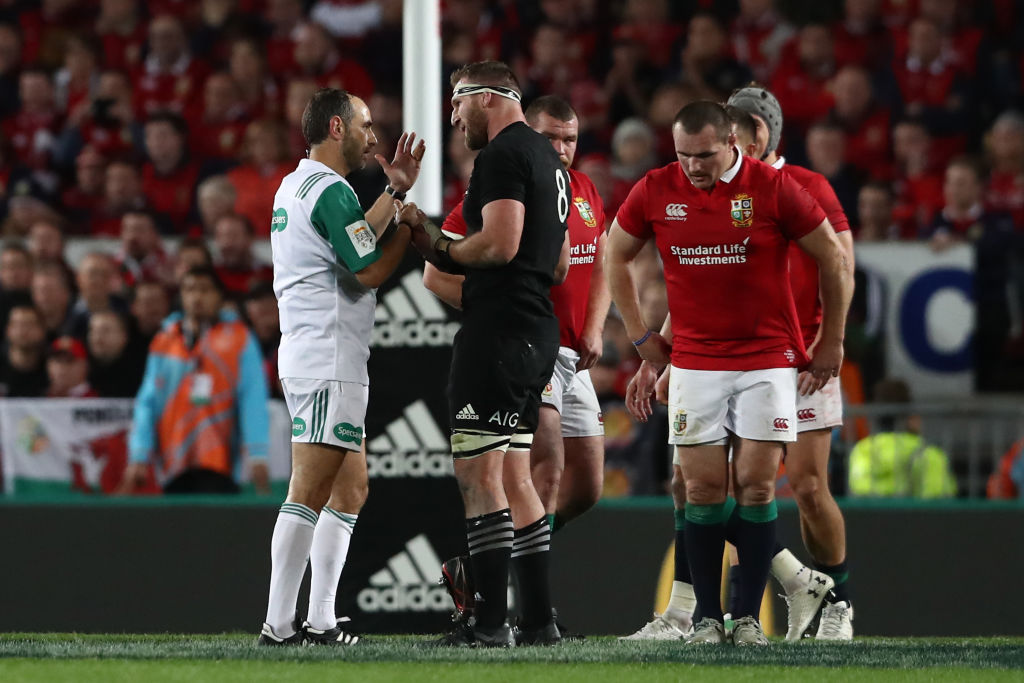 All Black captain Kieran Read remonstrates with referee Romain Poite after Poite awarded a scrum