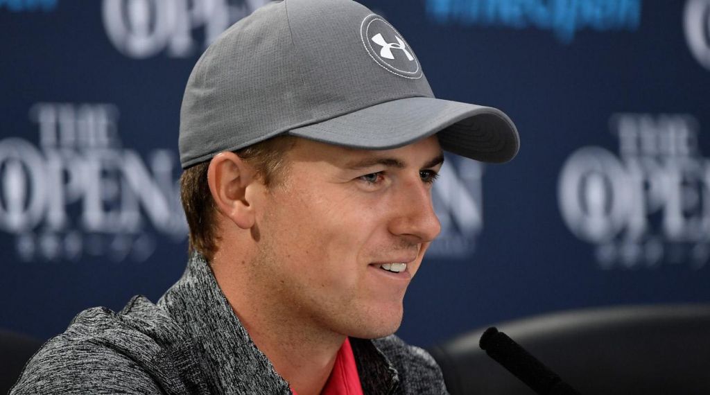 Jordan Spieth talks to media in a press conference after his first round of the 146th Open Championship at Royal Birkdale