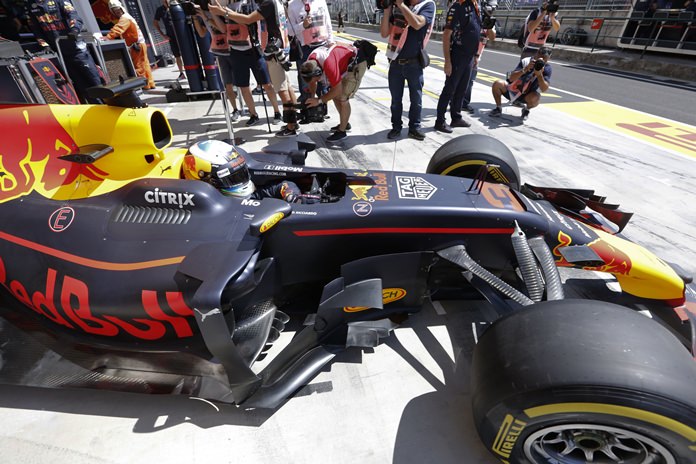 Red Bull driver Daniel Ricciardo of Australia leaves the pit during the second free practice session at the Hungaroring racetrack in Mogyorod northeast of Budapest Hungary Friday July 28