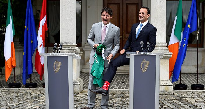 Canada's Prime Minister Justin Trudeau speaks at a press conference with Taoiseach Leo Varadkar at Farmleigh House Dublin Ireland