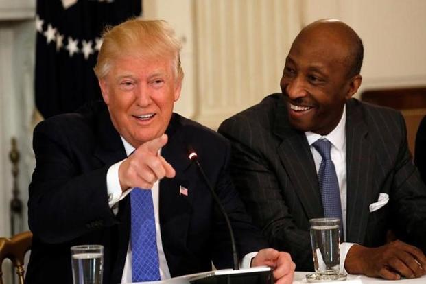 Merck & Co. CEO Ken Frazier listens to US President Donald Trump speak during a meeting with manufacturing CEOs at the White House in Washington DC US on 23 February 2017