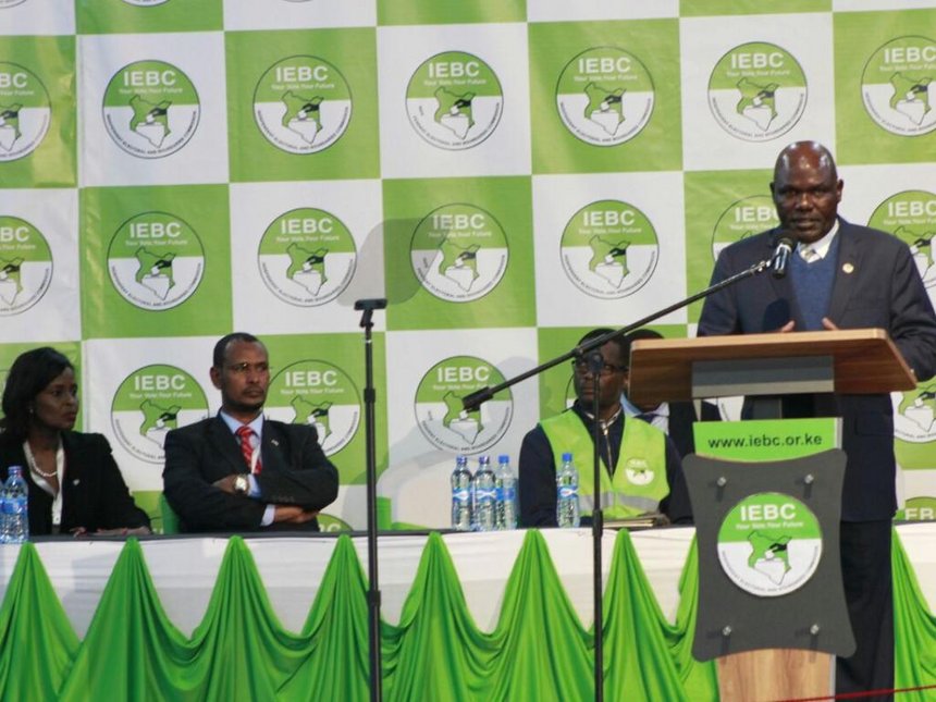 IEBC chair Wafula Chebukati speaks to the press at the National Tallying Centre in Bomas