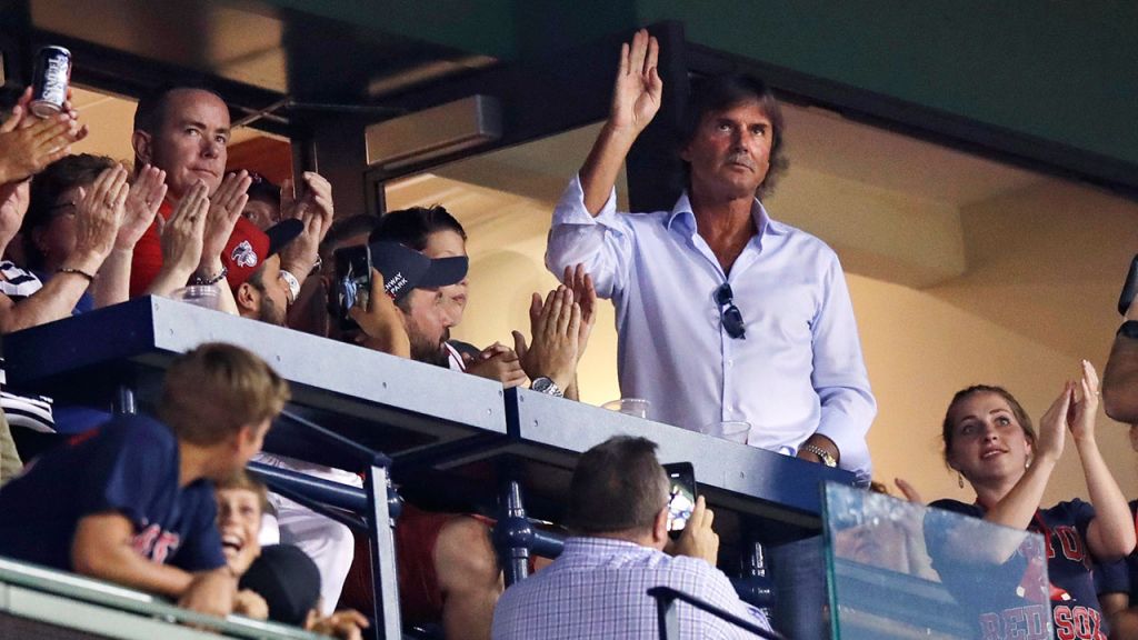 Hall of Fame pitcher Dennis Eckersley waves as fans applaud when he is honored between innings of a baseball game between the Boston Red Sox and Cleveland Indians at Fenway Park Tuesday Aug. 1 2017 in Boston. Red Sox pitcher David Price was still frus