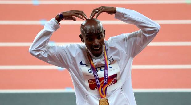 Mohamed Farah of Britain celebrates