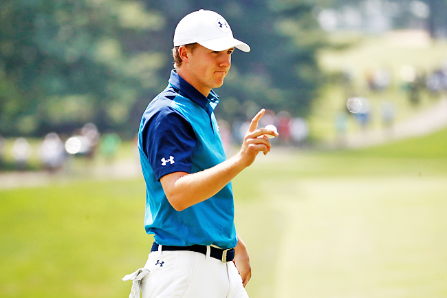 Jordan Spieth reacts on the ninth green during the first round of the World Golf Championships- Bridgestone Invitational at Firestone Country Club South Course on August 3 in Akron Ohio.- AFP