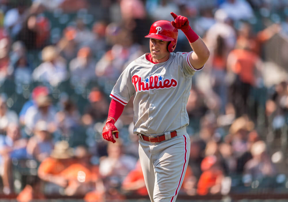 SAN FRANCISCO CA- AUGUST 20 Philadelphia Phillies First base Rhys Hoskins celebrates home run hit during the 9th inning at the San Francisco Giants versus Philadelphia Phillies Game