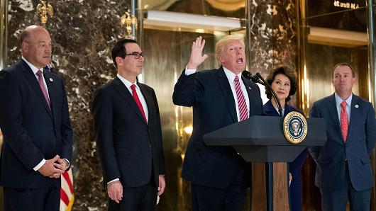 President Donald Trump delivers remarks following a meeting on infrastructure at Trump Tower