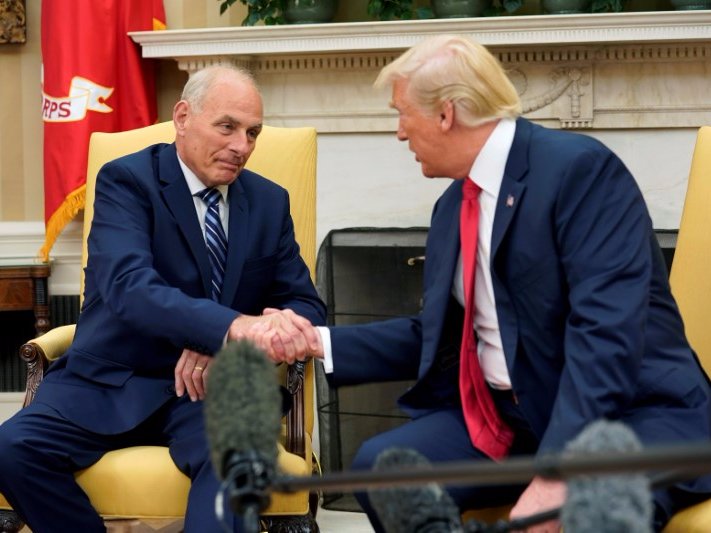 U.S. President Donald Trump shakes hands with John Kelly after he was sworn in as White House Chief of Staff in the Oval Office of the White House in Washington U.S