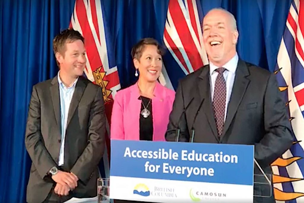 Black Press           Education Minister Rob Fleming Advanced Education Minister Melanie Mark and Premier John Horgan at a funding announcement