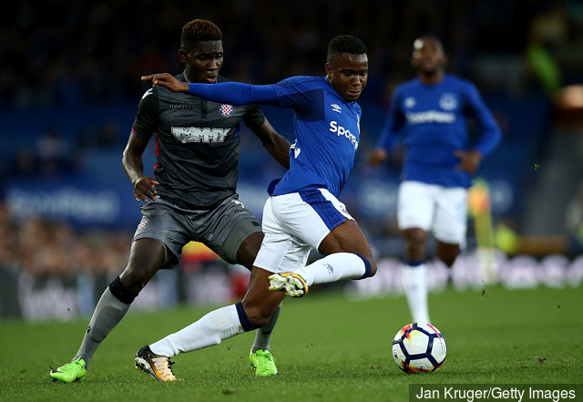 Ademola Lookman of Everton competes with Hamza Barry of Hajduk Split during the UEFA Europa League Qualifying Play Offs round first leg match between Everton FC and Hajduk Split