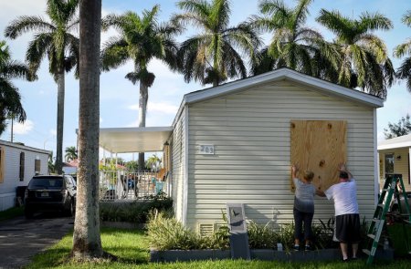 Cauble board up their mobile home in preparation for Hurricane Irma in Homestead Florida U.S