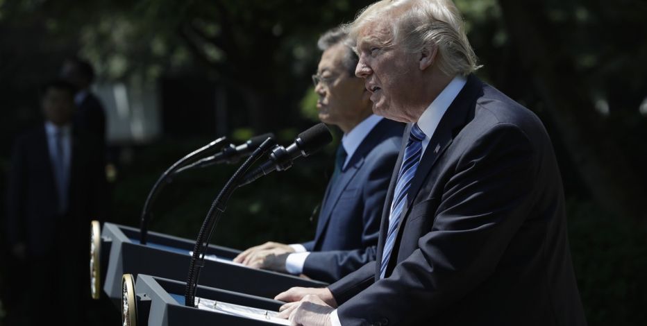 President Donald Trump accompanied by South Korean President Moon Jae-in speaks in the Rose Garden of the White House in Washington Friday