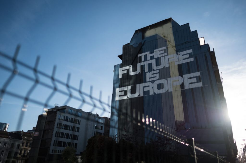 Street art reading'The Future Is Europe is seen on the side of a building near the European Council in Brussels | Leon Neal  Getty Images