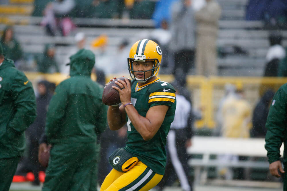 Green Bay Packers quarterback Brett Hundley warms up before an NFL football game against the New Orleans Saints Sunday Oct. 22 2017 in Green Bay Wis