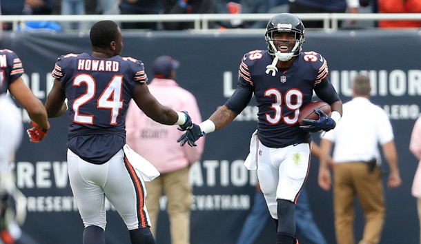 Oct 22 2017 Chicago IL USA Chicago Bears running back Jordan Howard congratulates free safety Eddie Jackson after a 76 yard interception return for a touchdown during the first half at Soldier Field