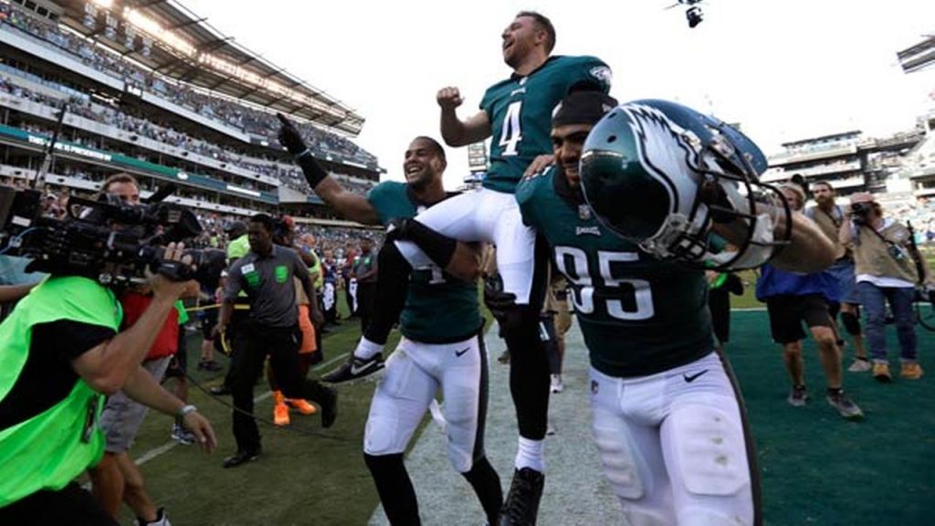 Philadelphia Eagles Jake Elliott is carried off the field after kicking an NFL football game-winning field goal against the New York Giants Sunday Sept. 24 2017