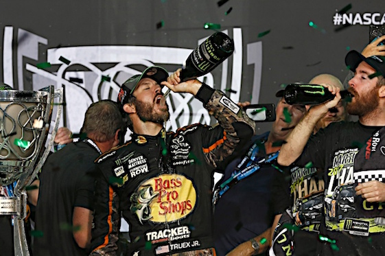 Martin Truex Jr. celebrates his and his Furniture Row Racing team’s 2017 Cup championship