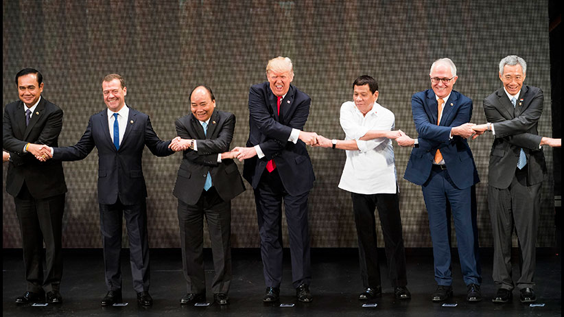 From left Prayut Cha-O-Cha prime minister of Thailand Dmitry Medvedev prime minister of Russia Nguyen Xuan Phuc prime minister of Vietnam President Donald Trump President Rodrigo Duterte of the Philippines Malcolm Turnbull prime minister of Aust