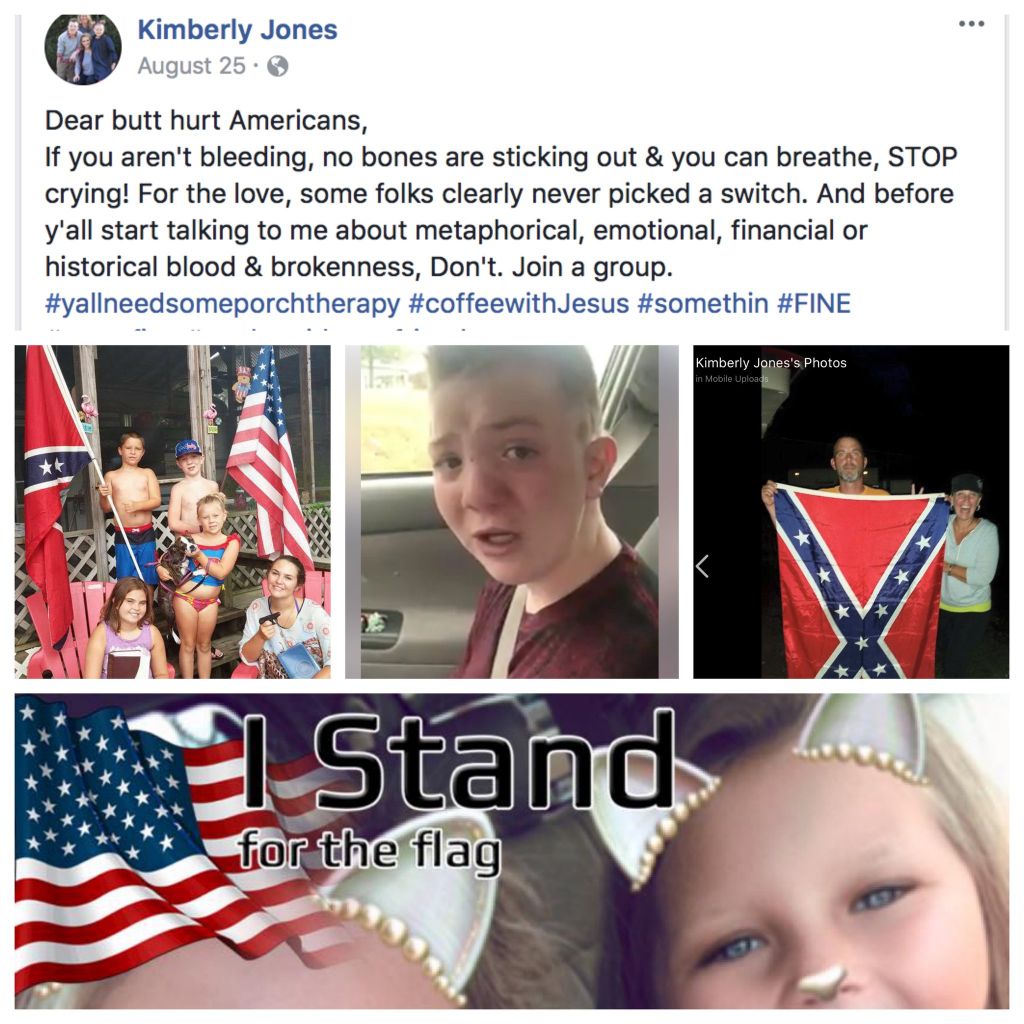 Kimberly Jones posted images of the confederate flag on Facenook an emblem of racism for many. A video of her son Keaton top centre went viral