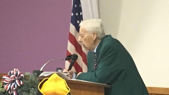 Retired Marine Clyde Stephenson talks at a Pearl Harbor remembrance ceremony in Oshkosh on Dec. 7 2017