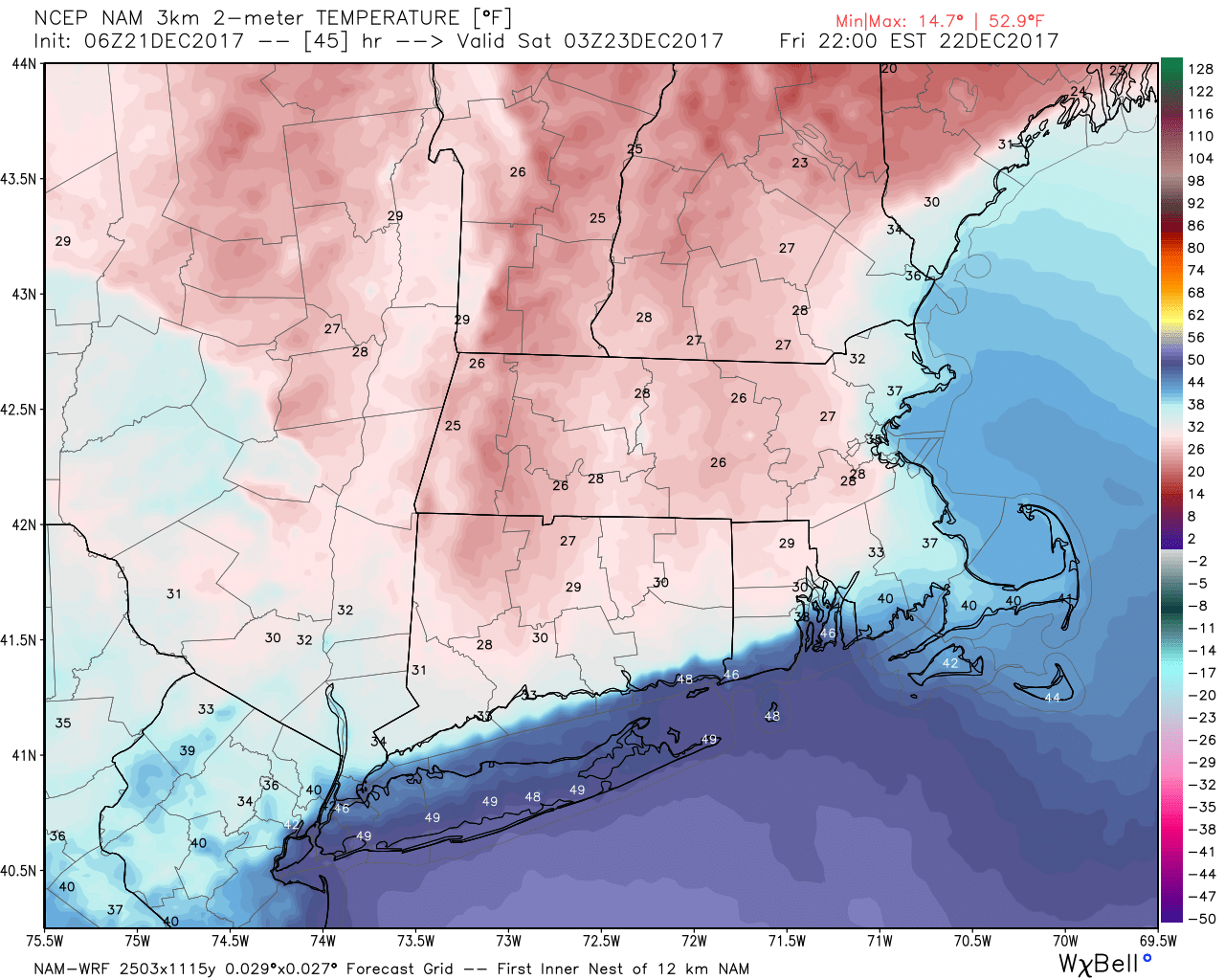 Surface temps below 32°F for much of CT at 5PM