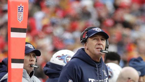 Tennessee Titans head coach Mike Mularkey looks at the scoreboard during the first half of an NFL wild-card playoff football game against Kansas City Chiefs in Kansas City Mo. Saturday Jan. 6 2018