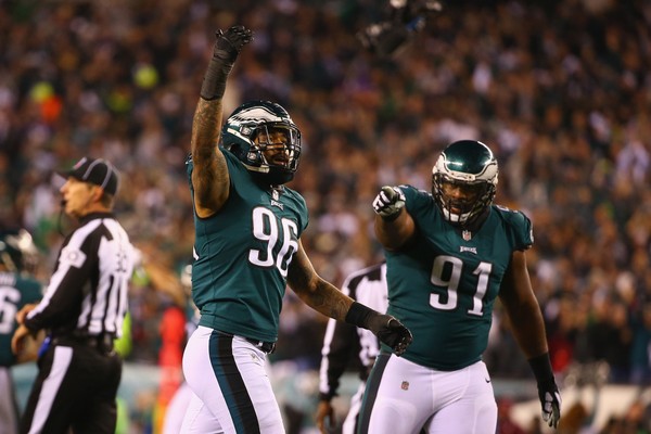 Derek Barnett #96 and Fletcher Cox #91 of the Philadelphia Eagles celebrate the play during the second quarter against the Minnesota Vikings in the NFC Championship game at Lincoln Financial Field