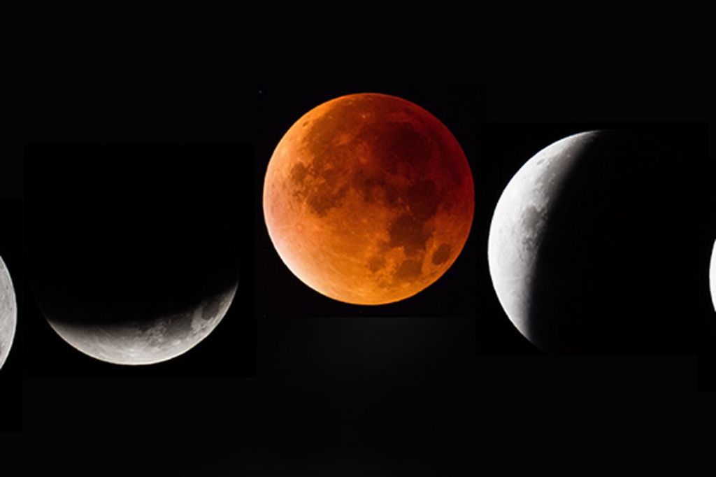 In this composite image the moon is seen as it enters and leaves a lunar eclipse