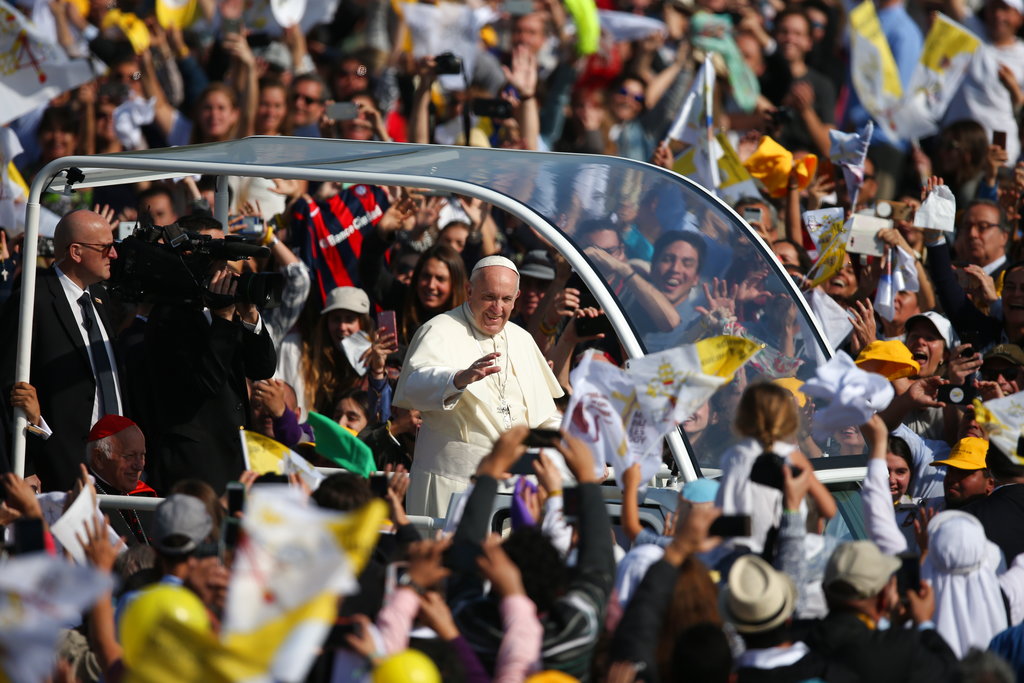 Pope Francis arrives to celebrate Mass at O'Higgins Park in Santiago Chile Tuesday Jan. 16 2018. | AP