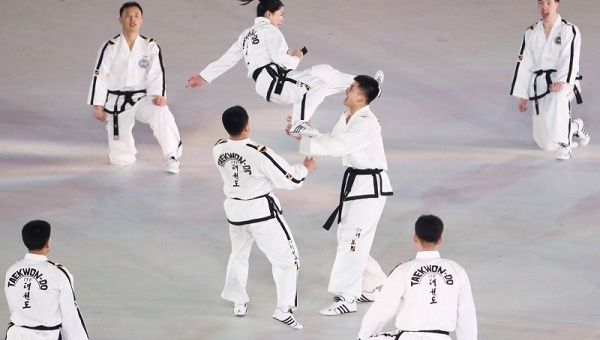 The event cheered by the crowd at the Gangwon Career Education Institute in Sokcho featured teams from both countries briefly joining together as one