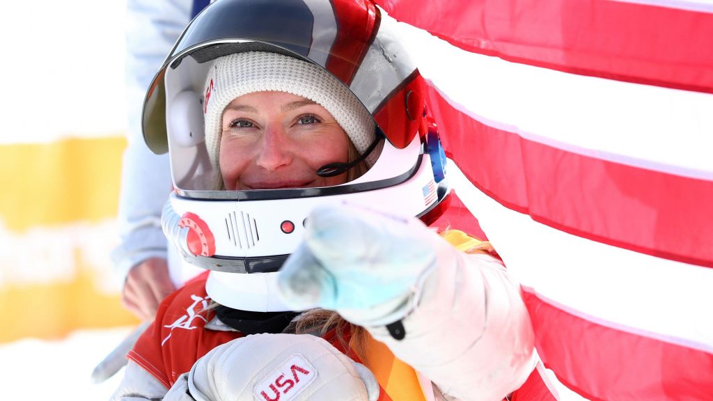 Gold medalist Jamie Anderson of the United States celebrates during the victory ceremony for the snowboard slopestyle at the Pyeongchang 2018 Winter Olympics