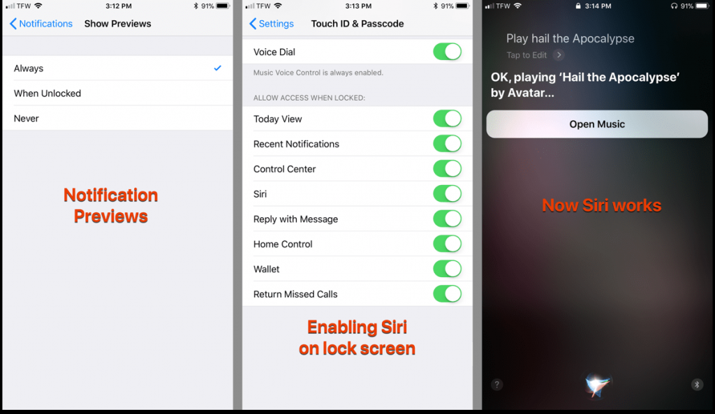 Use Siri hands free by enabling Notification Previews