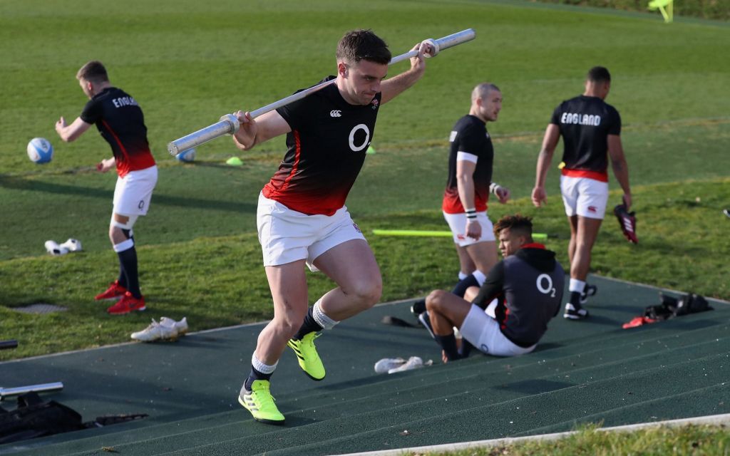 George Ford takes part in uphill weighted sprint training