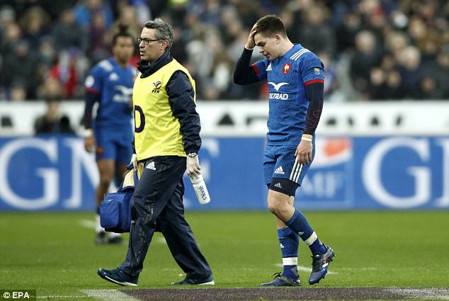 Matthieu Jalibert, who made debut for France leaves the pitch after picking up injury