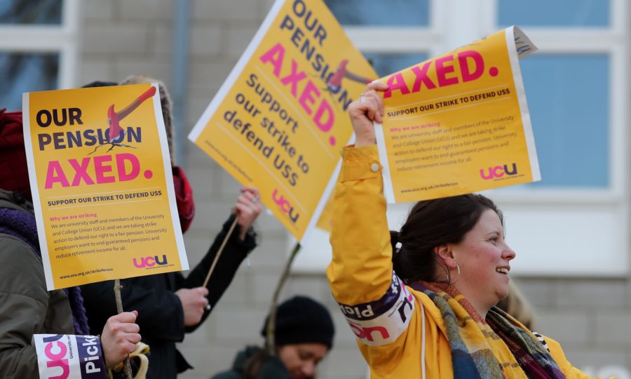 Members of the University and College Union on strike outside the University of Kent campus in Canterbury