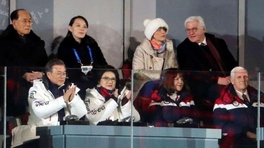 US VP Mike Pence and his wife Karen with South Korean President and Kim Jong Un's sister Kim Yo Jong